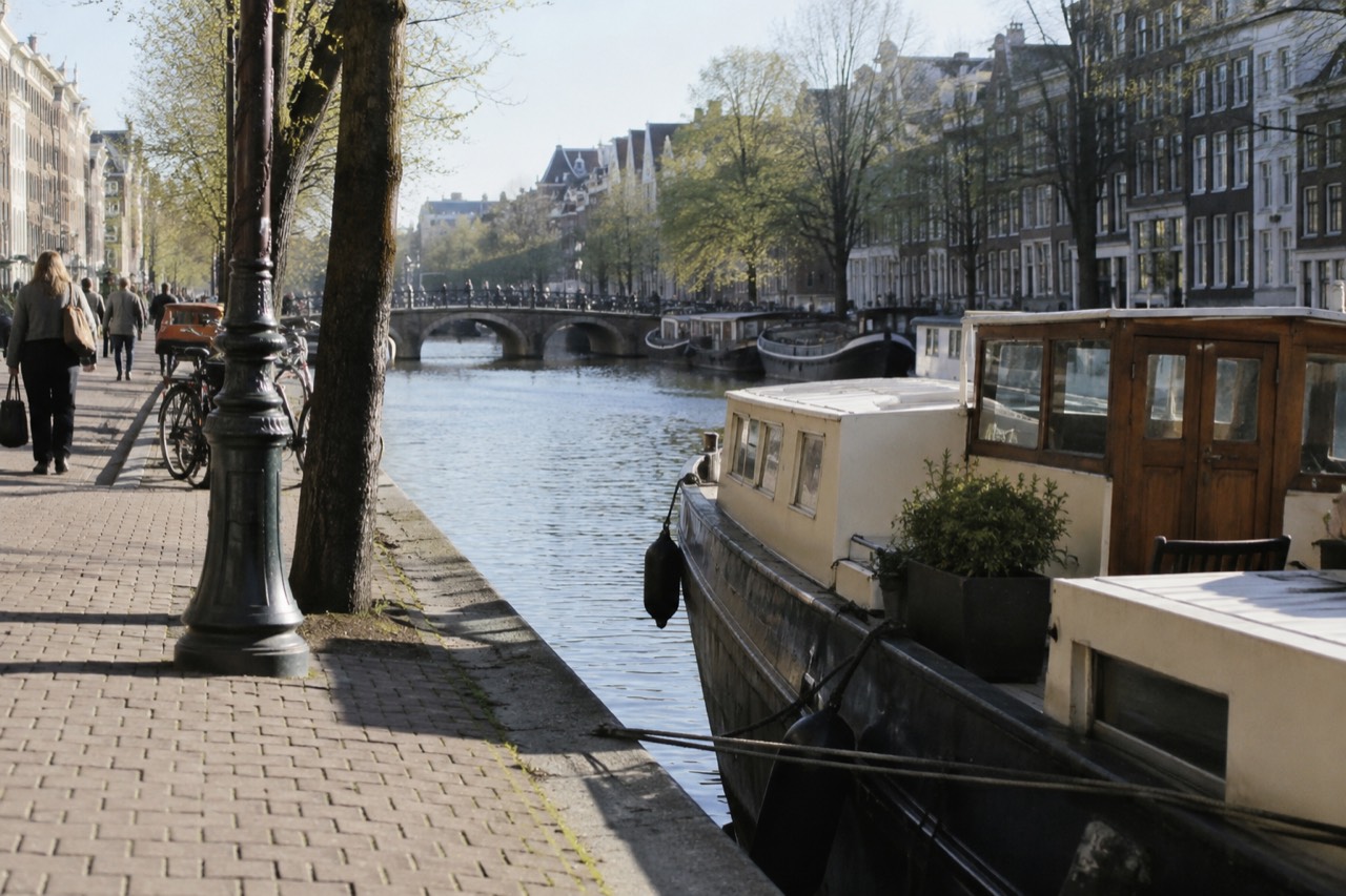 A flat canal-side quay in Amsterdam with brick paving and a moored boat