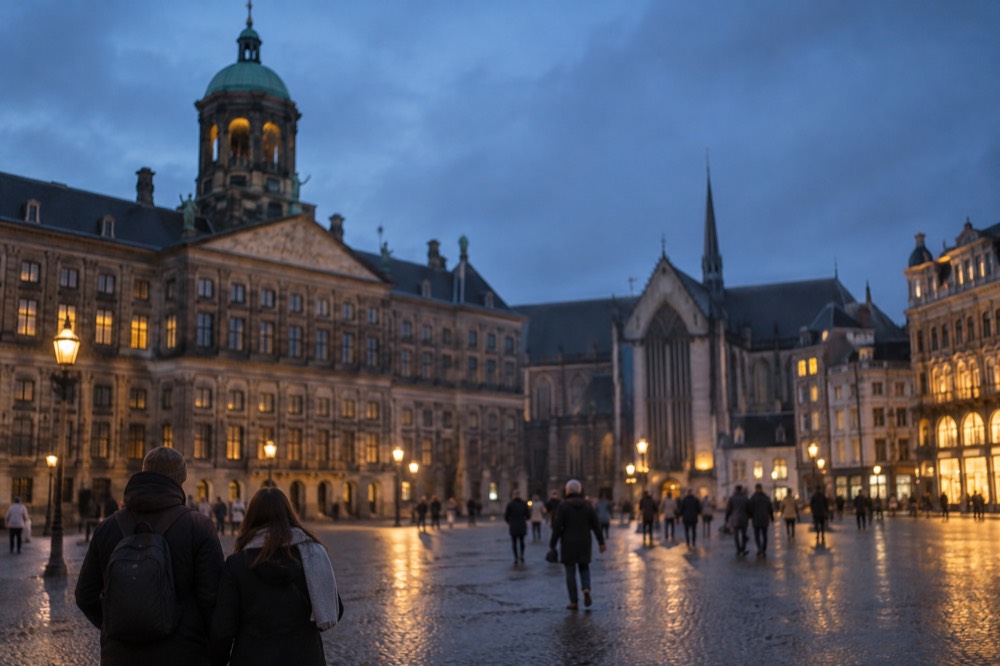 Low winter sun across the rooftops near Dam Square
