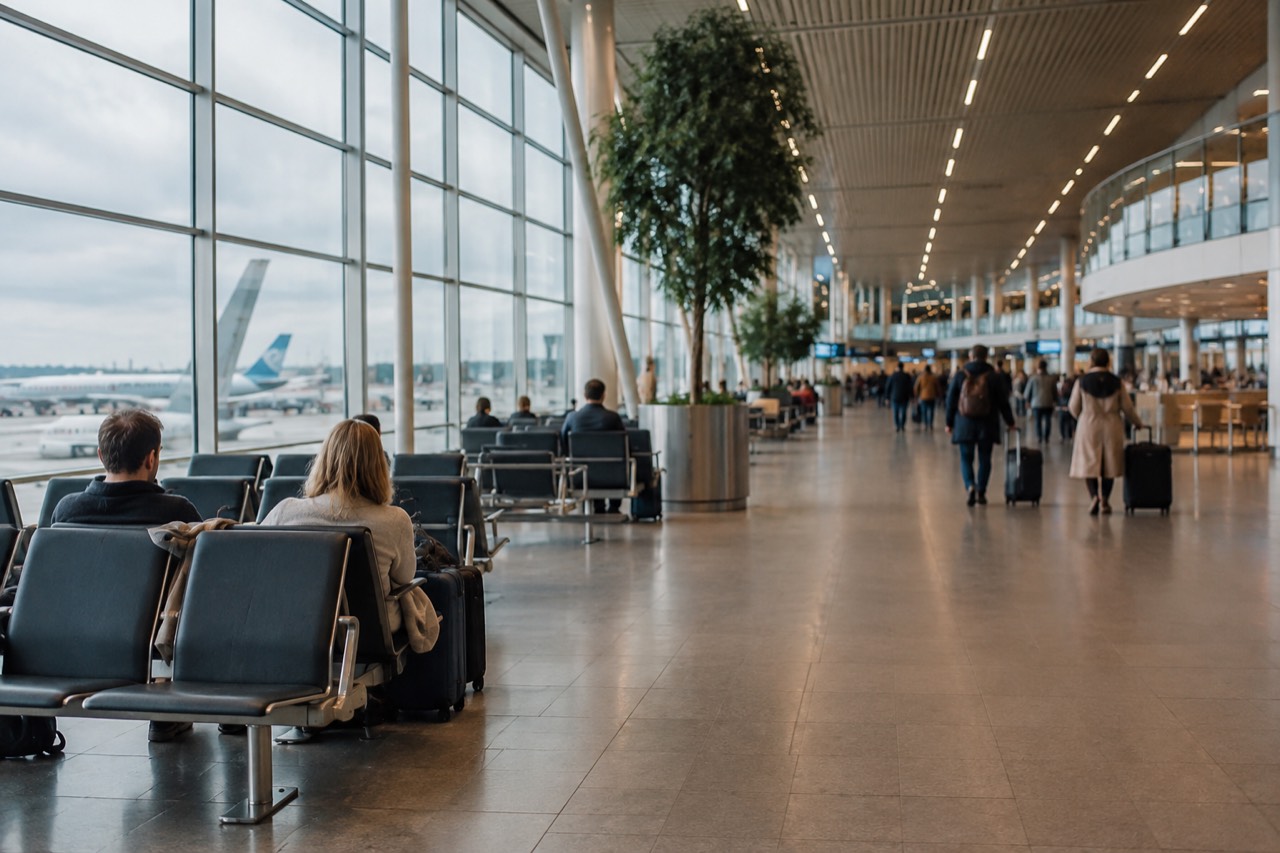A wide view of Schiphol Airport's departure hall with airline signs and travellers with luggage