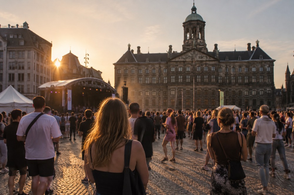 A street-level view of Dam Square on an ordinary weekday morning