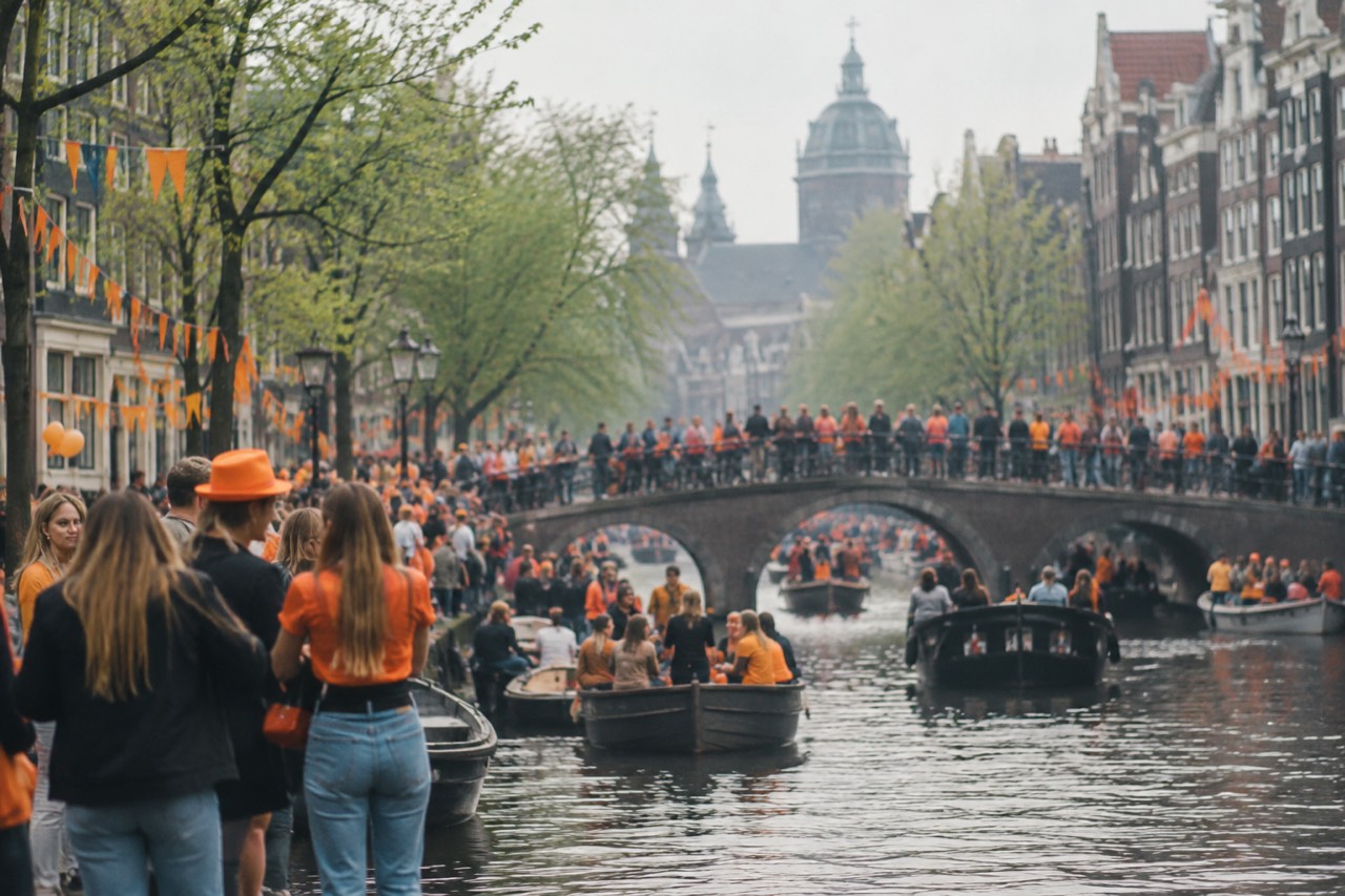 Crowds celebrating on a canal lined with narrow Dutch houses decorated with orange flags