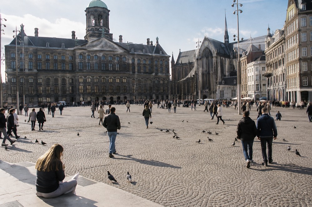 People walking past Dam Square, seen from across the street