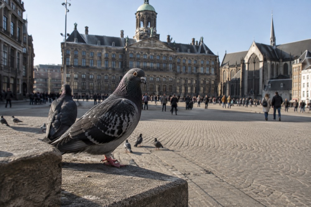 Brick facades and a quiet canal edge beside Dam Square