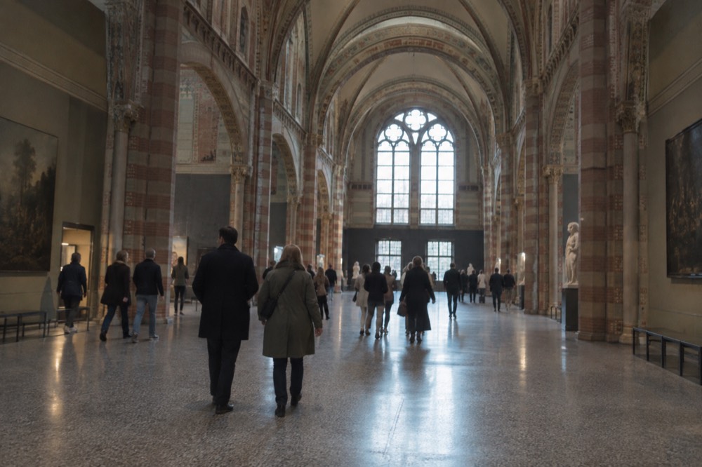 The grand atrium of the Rijksmuseum with visitors walking beneath arched brick ceilings
