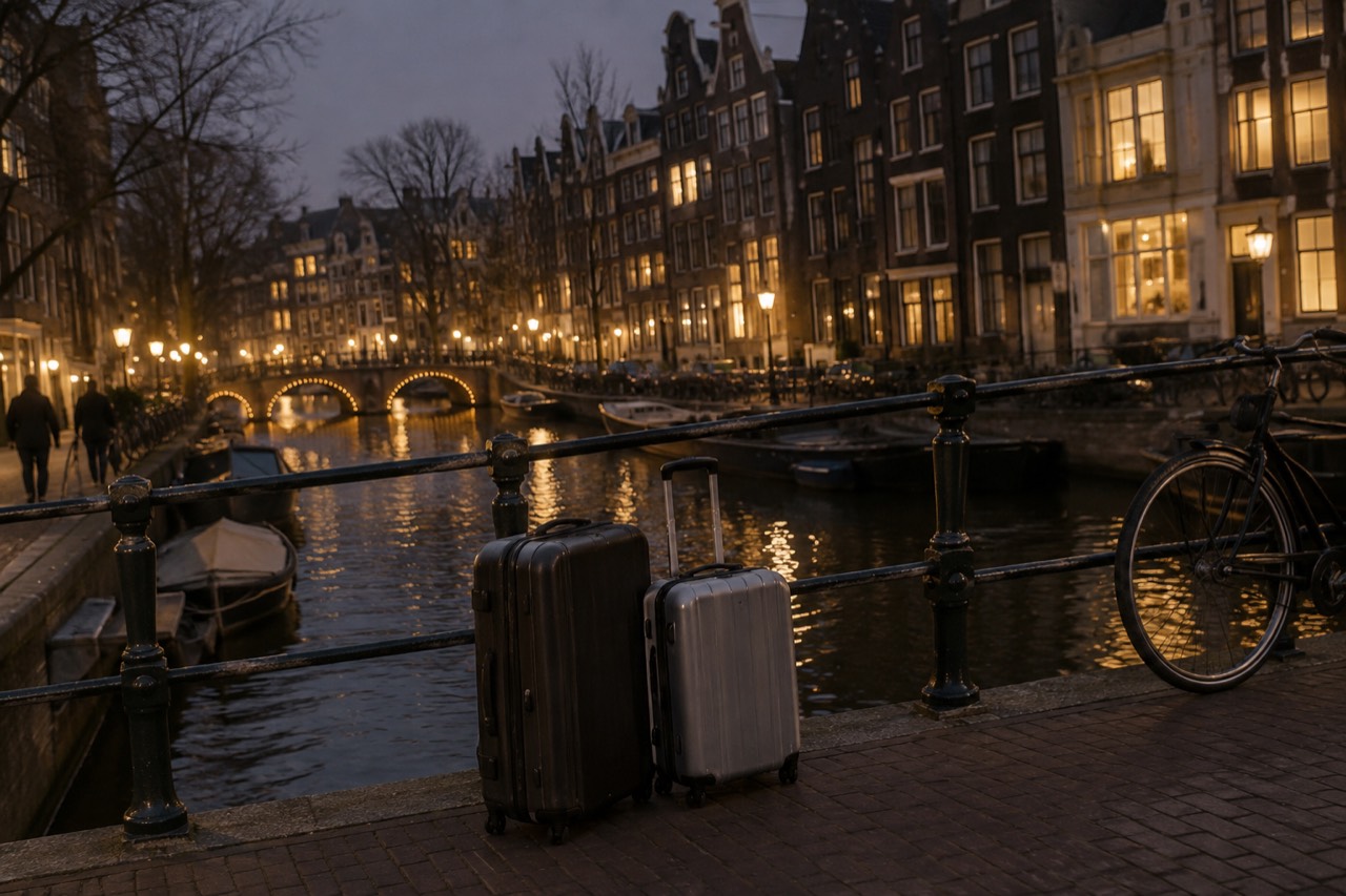 Suitcases standing on a canal bridge in Amsterdam with gabled houses along the water