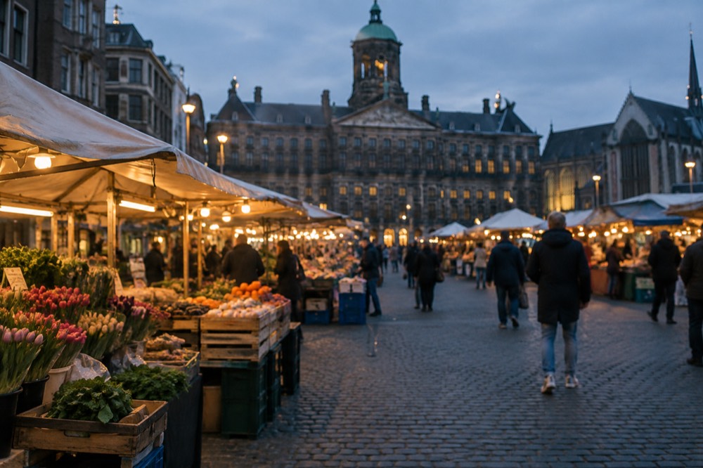 Brick facades and a quiet canal edge beside Dam Square