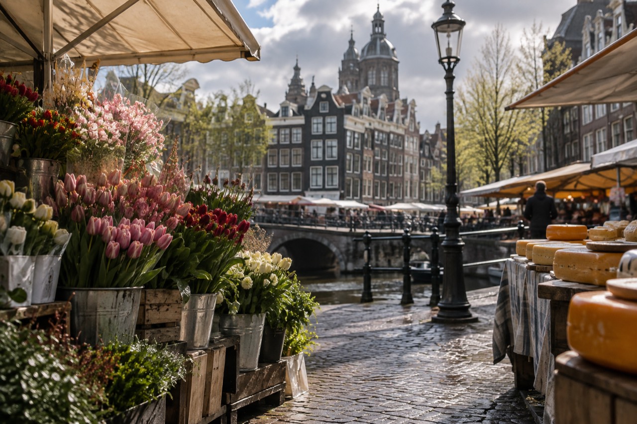 Market stalls with fresh flowers and cheese under awnings beside an Amsterdam canal