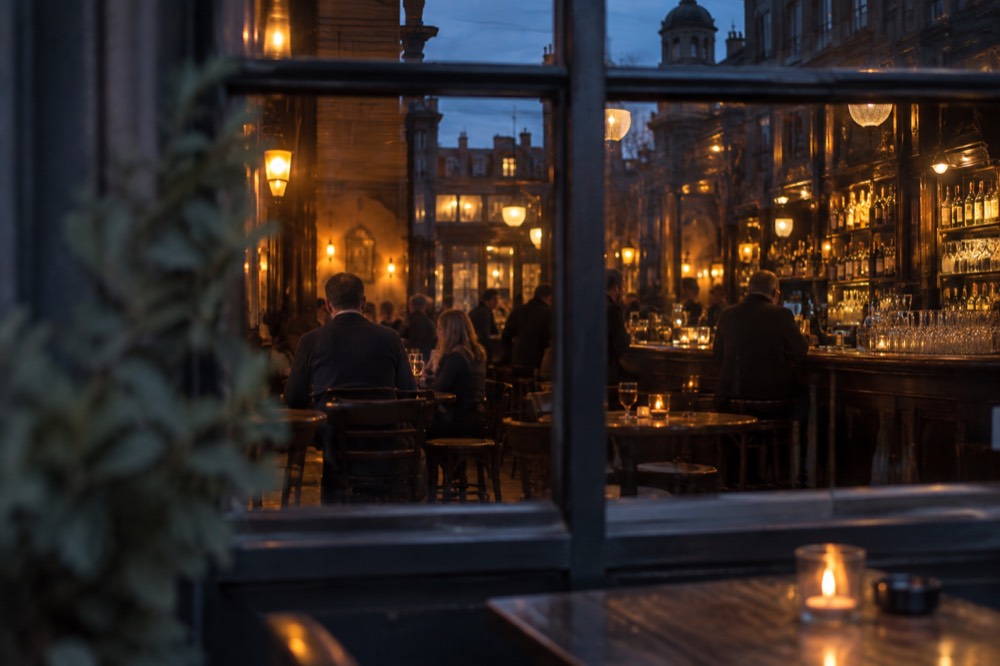 A candle-lit traditional Amsterdam brown cafe interior with wooden tables and a long bar