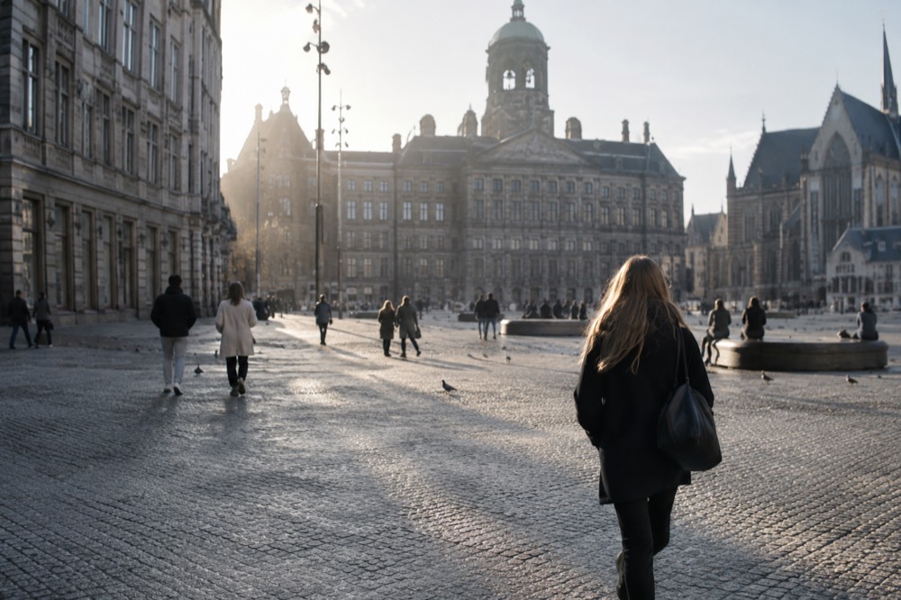 A quiet corner of Dam Square with trees overhanging the water