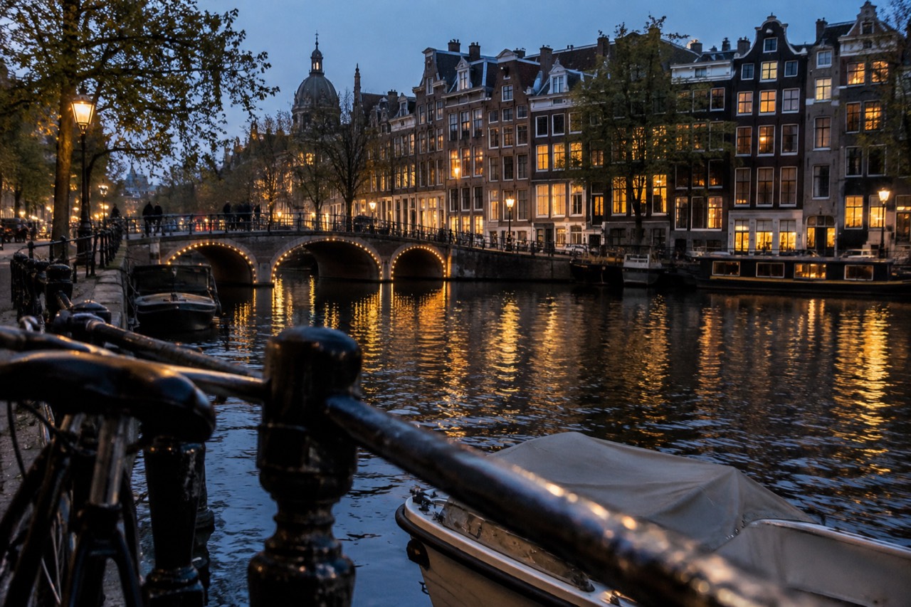 Illuminated canal houses and bridges reflected in dark water in the centre of Amsterdam at night