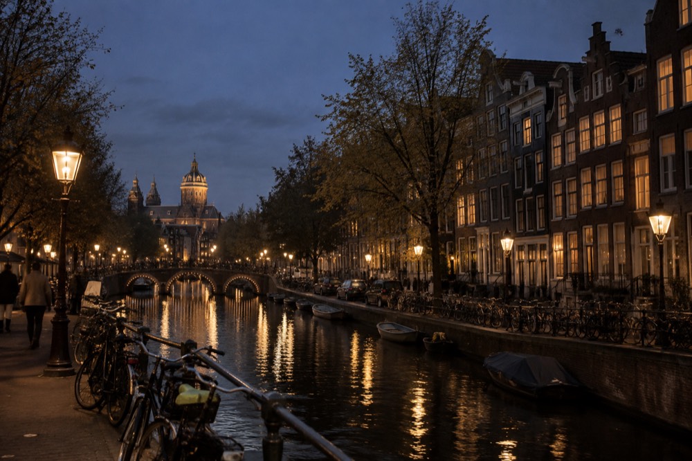 A quiet Amsterdam canal lined with narrow brick houses and parked bicycles