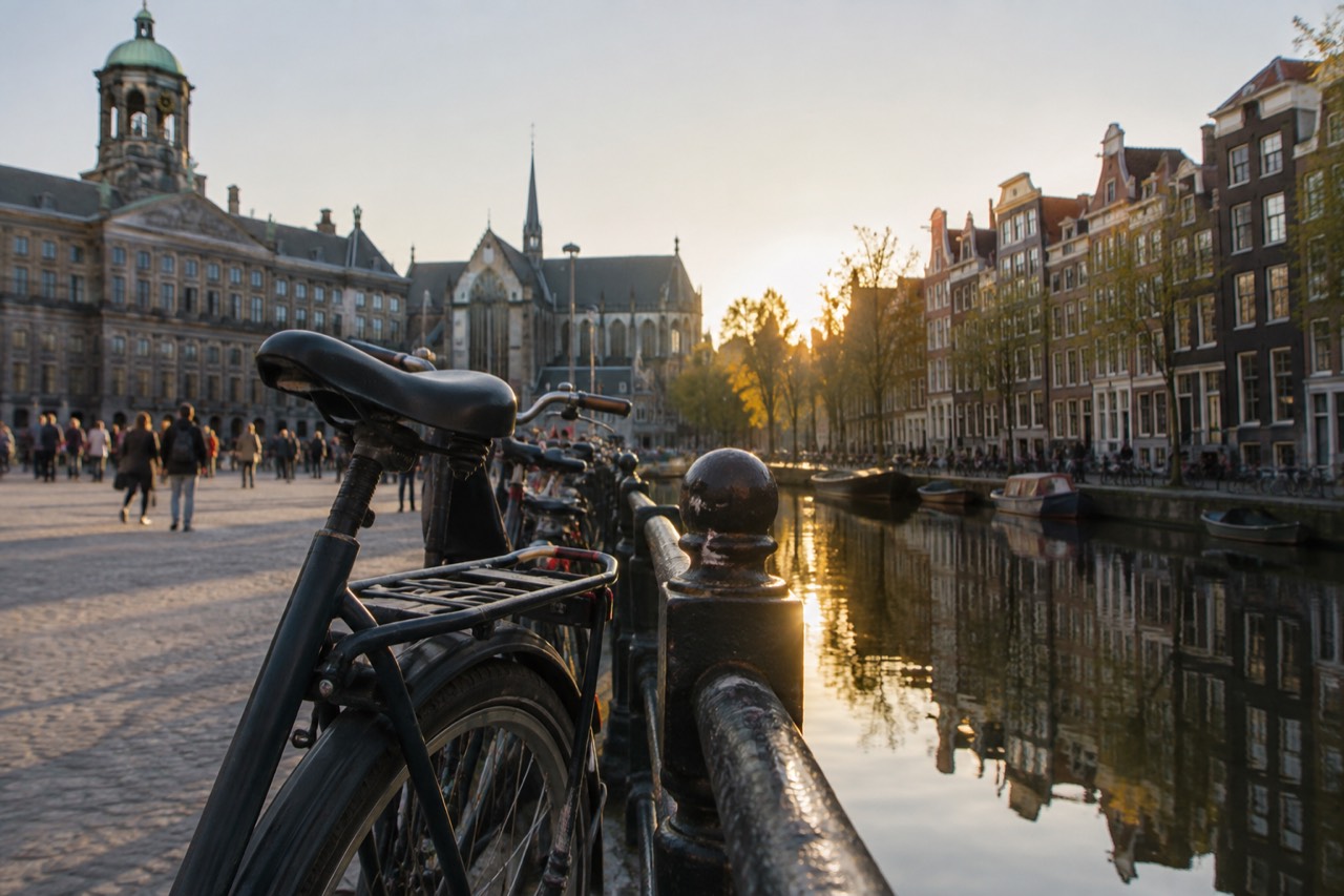 Amsterdam canal houses reflected in still water at golden hour