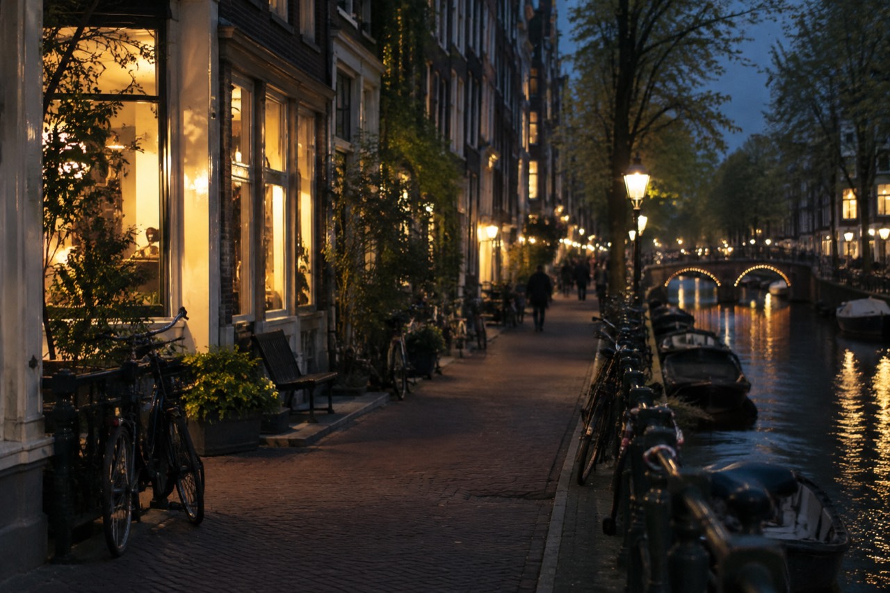 Canal-side shop fronts with bicycles parked along a narrow Amsterdam street