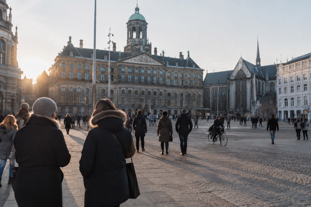 People walking past Dam Square, seen from across the street