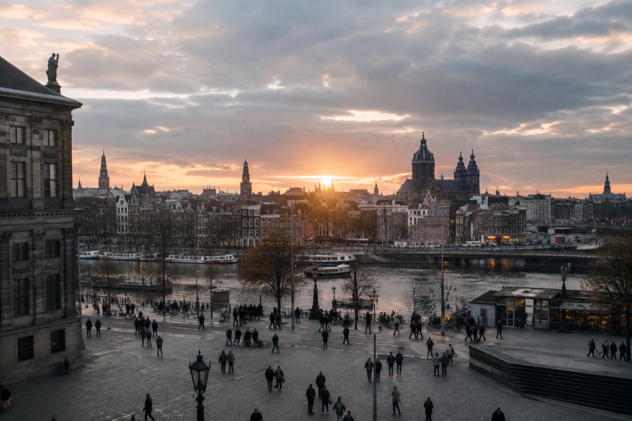 Amsterdam canal houses and church towers seen across the water at dusk