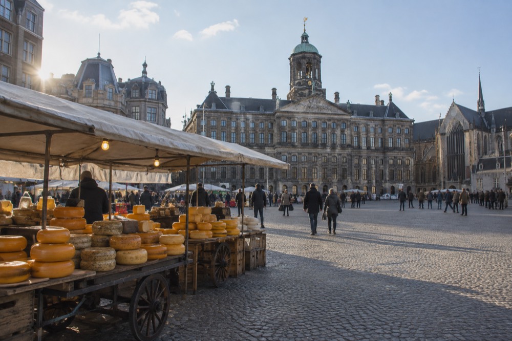 Market stall with wheels of cheese stacked under a canvas awning