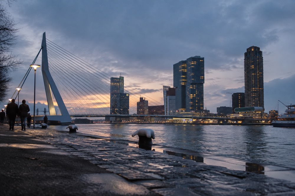 Modern Rotterdam skyline with the Erasmus Bridge over the river Maas
