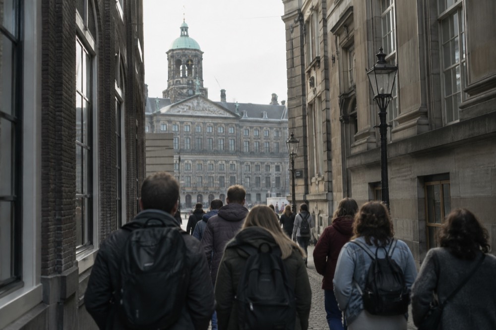 A group of walkers following a tour guide down a narrow Amsterdam street