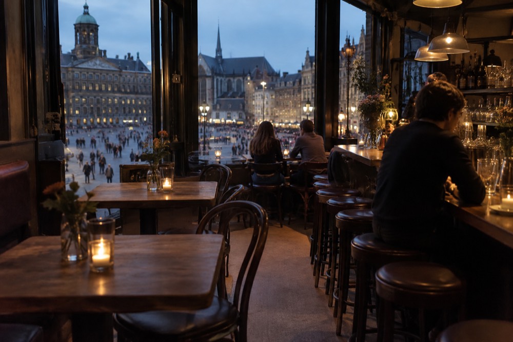 Small restaurant interior in Amsterdam with wooden tables and a long bar with stools