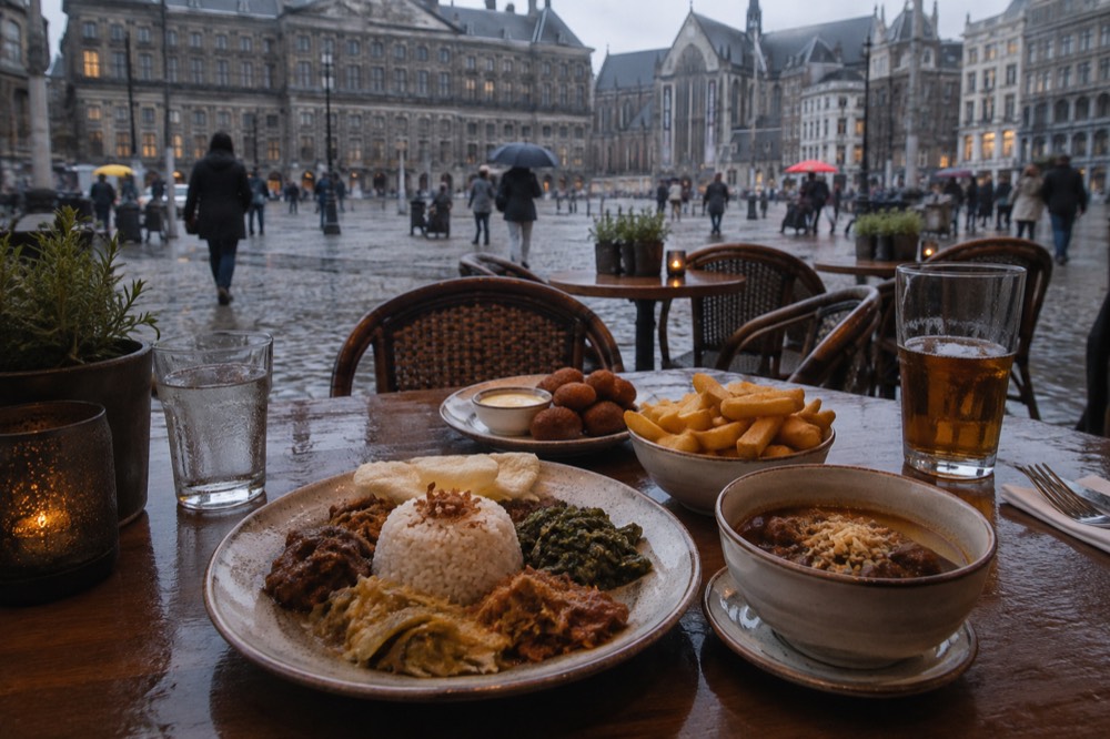 Plates of Indonesian food and Dutch snacks arranged on a restaurant table in Amsterdam