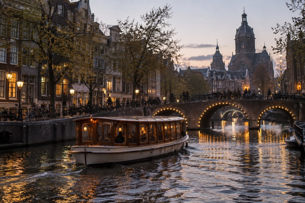 A traditional covered saloon boat cruising an Amsterdam canal at dusk with lit bridges