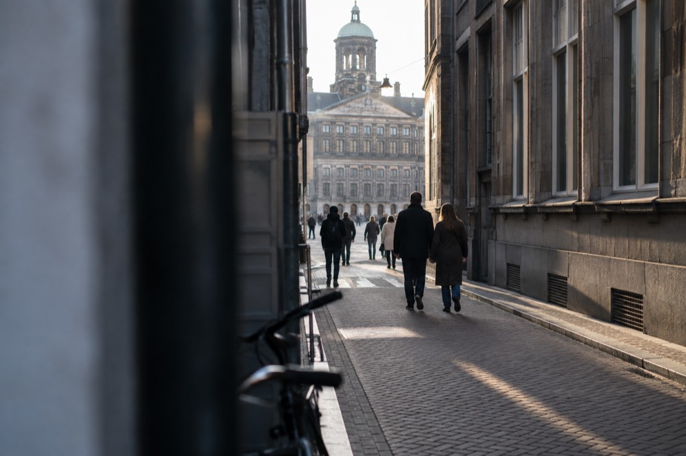 A narrow side street leading away from Dam Square
