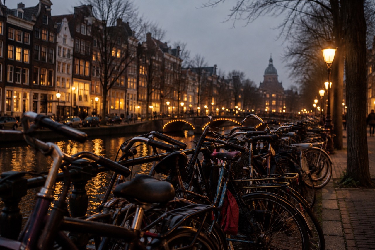 Bicycles parked in rows along an Amsterdam canal with narrow gabled houses behind them