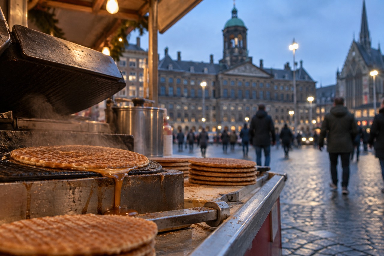 Freshly made stroopwafels with caramel syrup pressing on a market stall counter