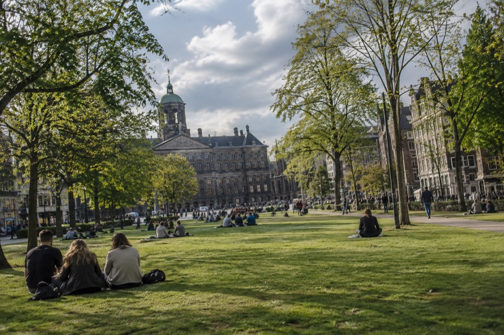 A wide green park with tree-lined paths and people relaxing on lawns