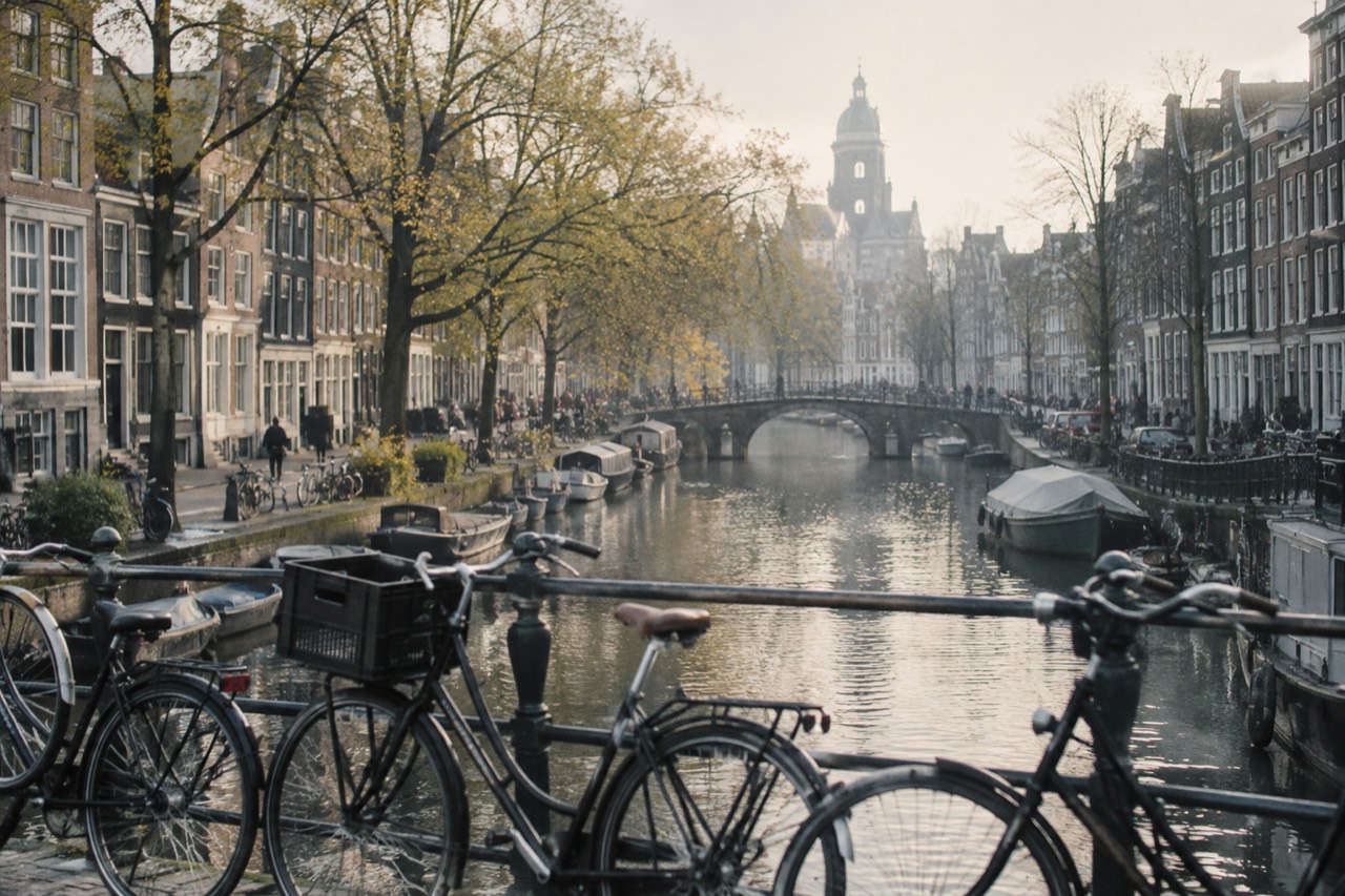 A quiet Amsterdam canal lined with narrow gabled houses and bicycles on a bridge
