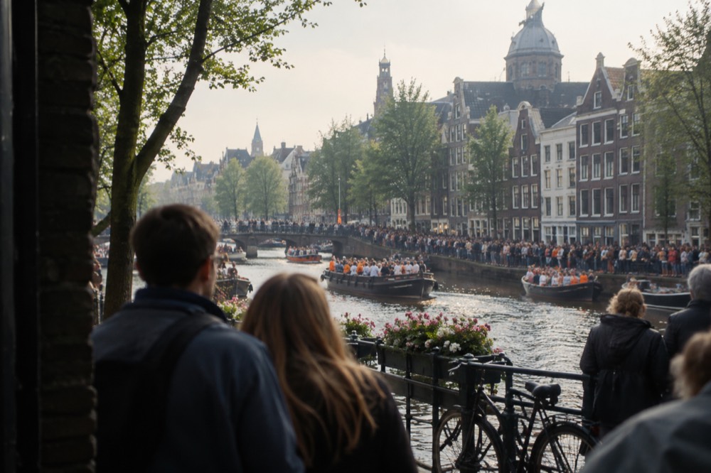 Crowds on a canal quay with decorated boats passing on the water