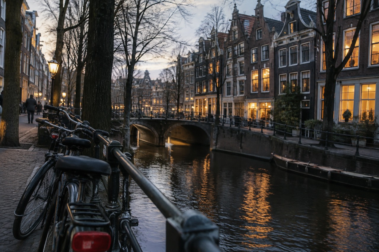 Canal houses and a tree-lined Amsterdam street at dusk with warm window lights