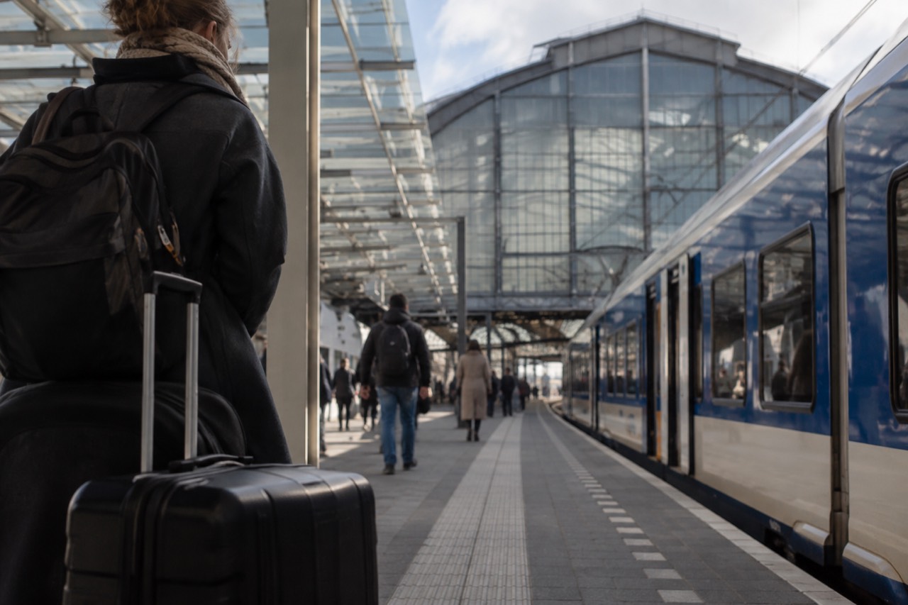 Airport railway platforms with a train waiting beside a glass terminal building