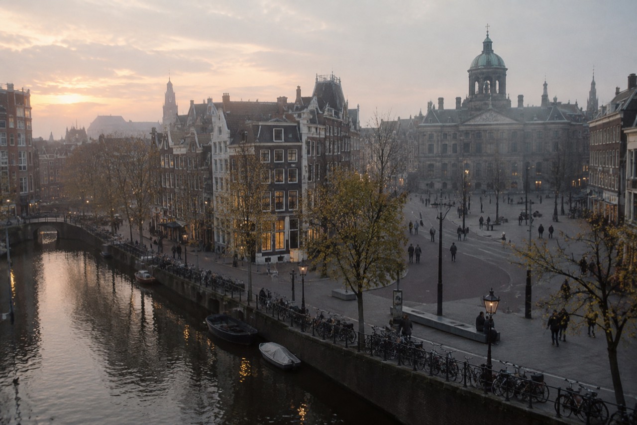 A quiet Amsterdam canal lined with narrow brick houses and bicycles at dusk