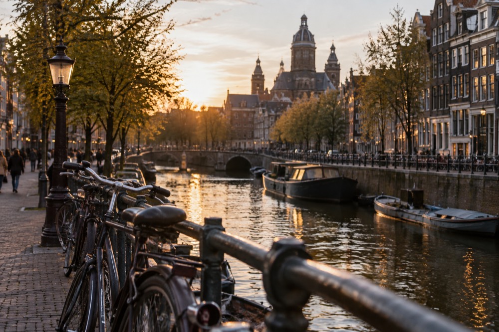 Amsterdam canal houses and bicycles along a tree-lined quayside
