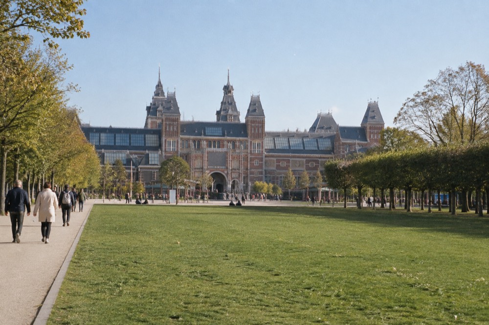 The Rijksmuseum building seen across a green lawn with visitors walking