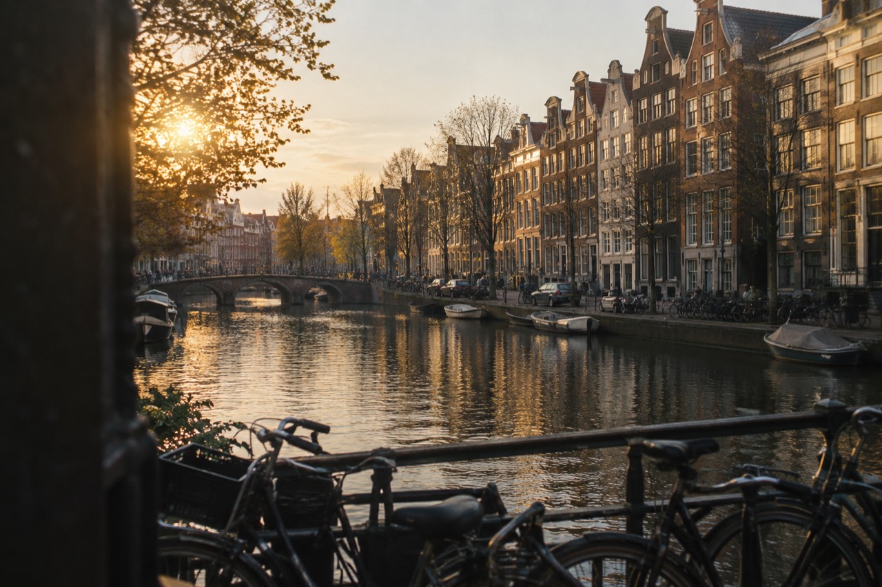 A canal in central Amsterdam with historic gabled houses reflected in the water