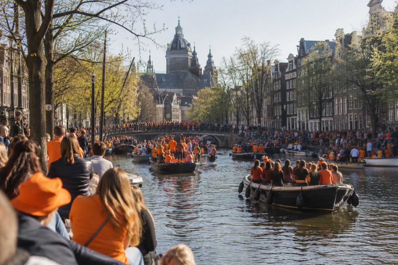 A crowded Amsterdam canal lined with people in orange clothing on a sunny spring day