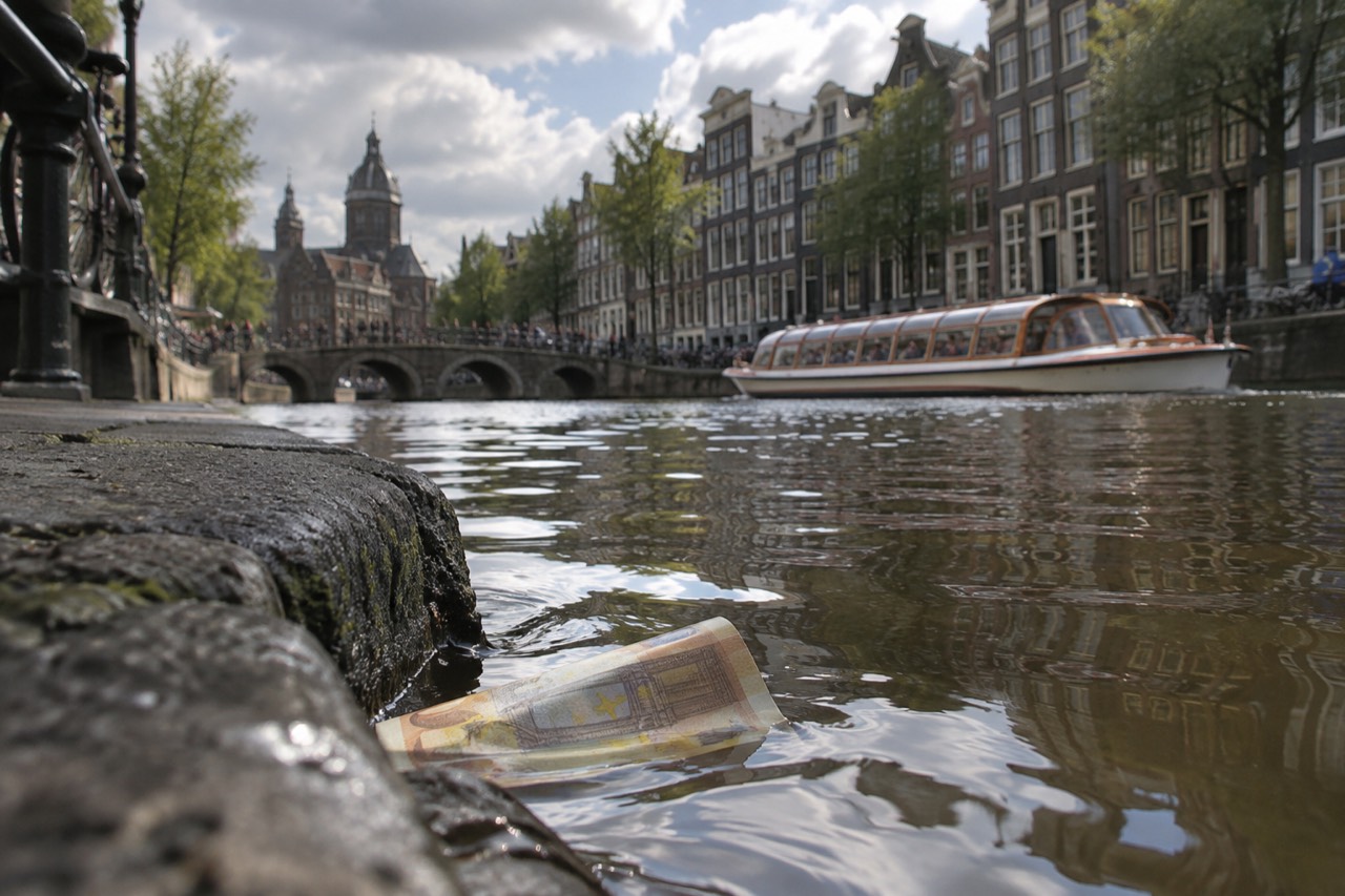 A euro banknote partially submerged in a canal with a canal boat and gabled houses in the background