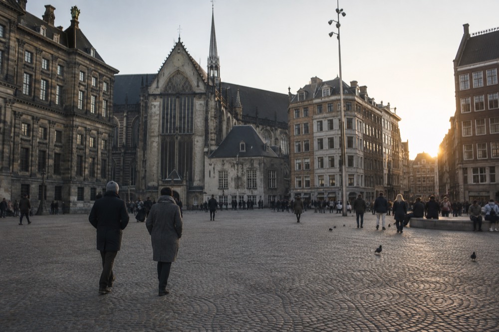Low winter sun across the rooftops near Dam Square