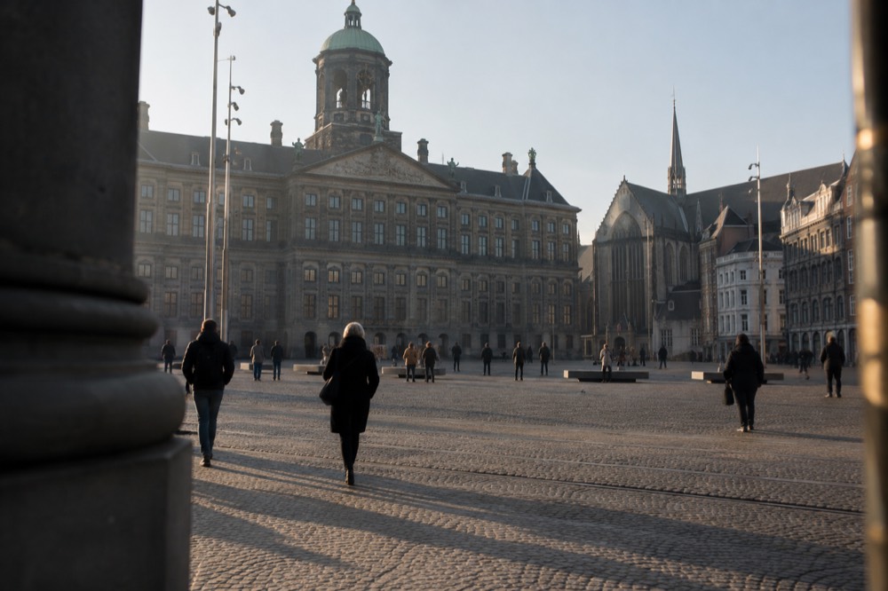A street-level view of Dam Square on an ordinary weekday morning