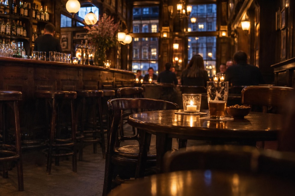 A traditional Amsterdam brown café interior with a wooden bar and small round tables