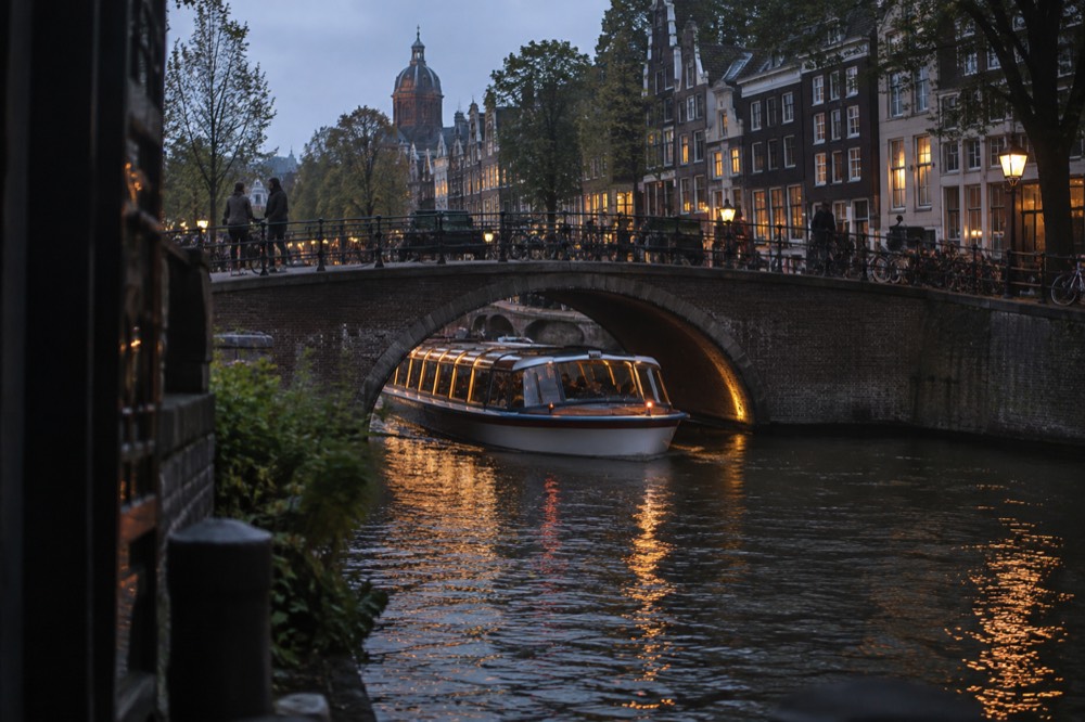 A canal boat passing under a small stone bridge in the Amsterdam canal ring