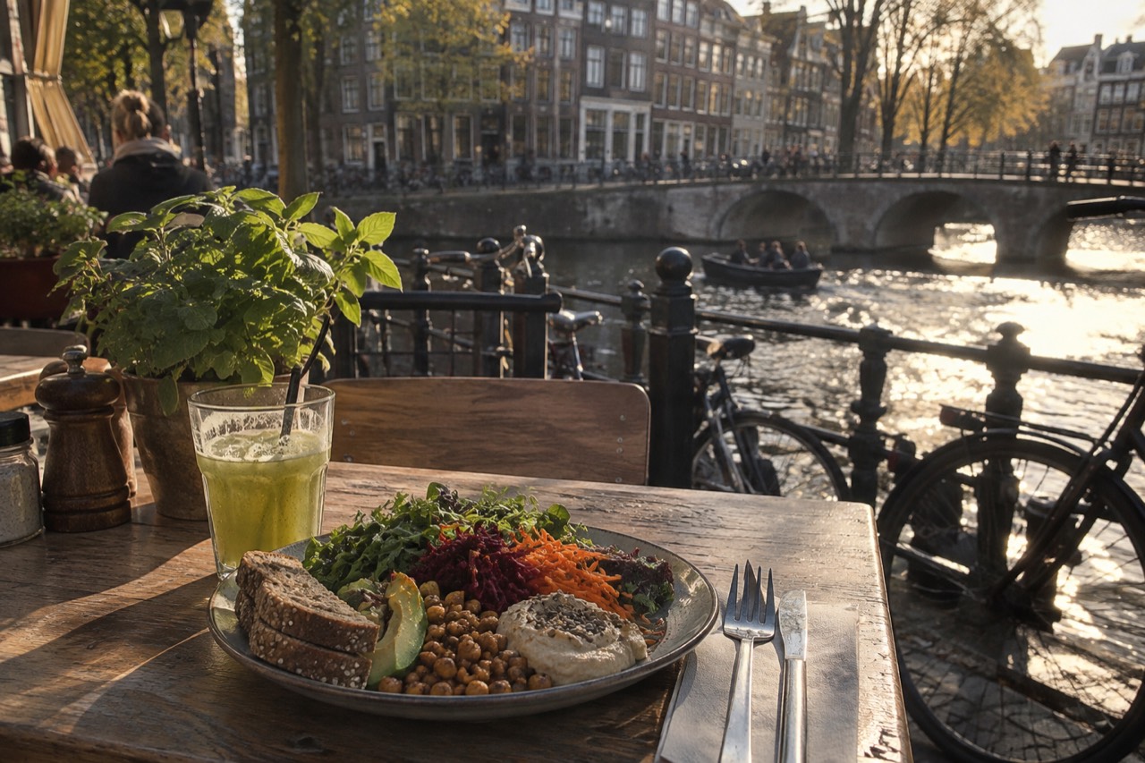 A plant-based lunch plate on a wooden cafe table beside a canal in Amsterdam