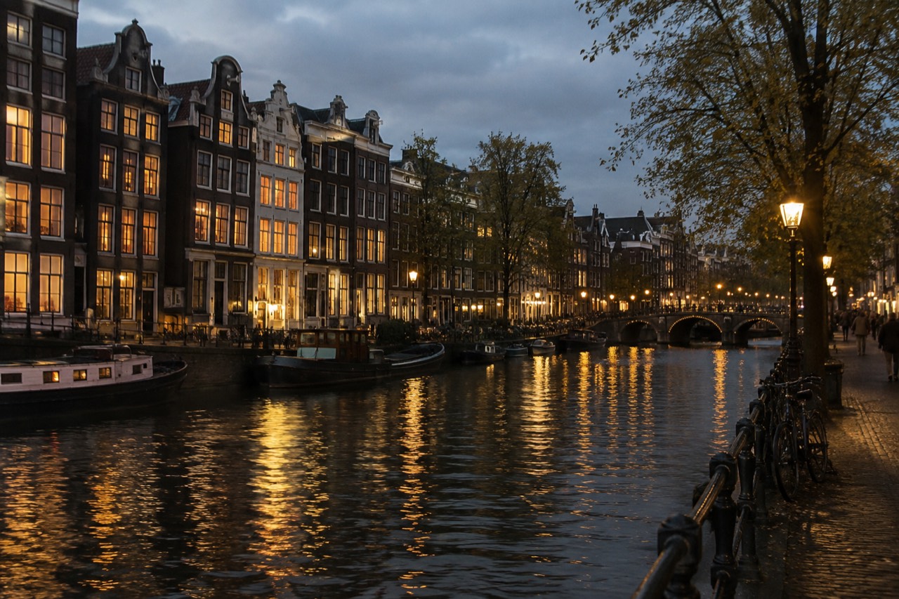 Illuminated canal houses reflected in dark water along an Amsterdam gracht at night