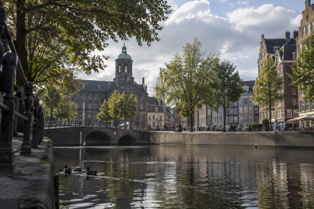 A quiet corner of Dam Square with trees overhanging the water