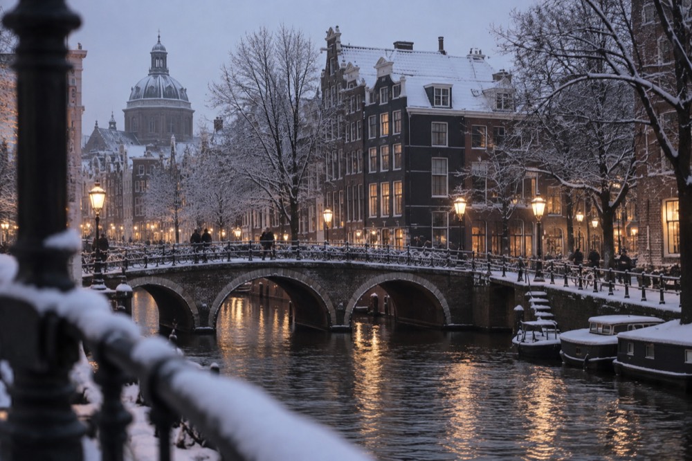 Snow-covered canal houses and a stone bridge in Amsterdam at dusk with warm lamplight reflecting on the water