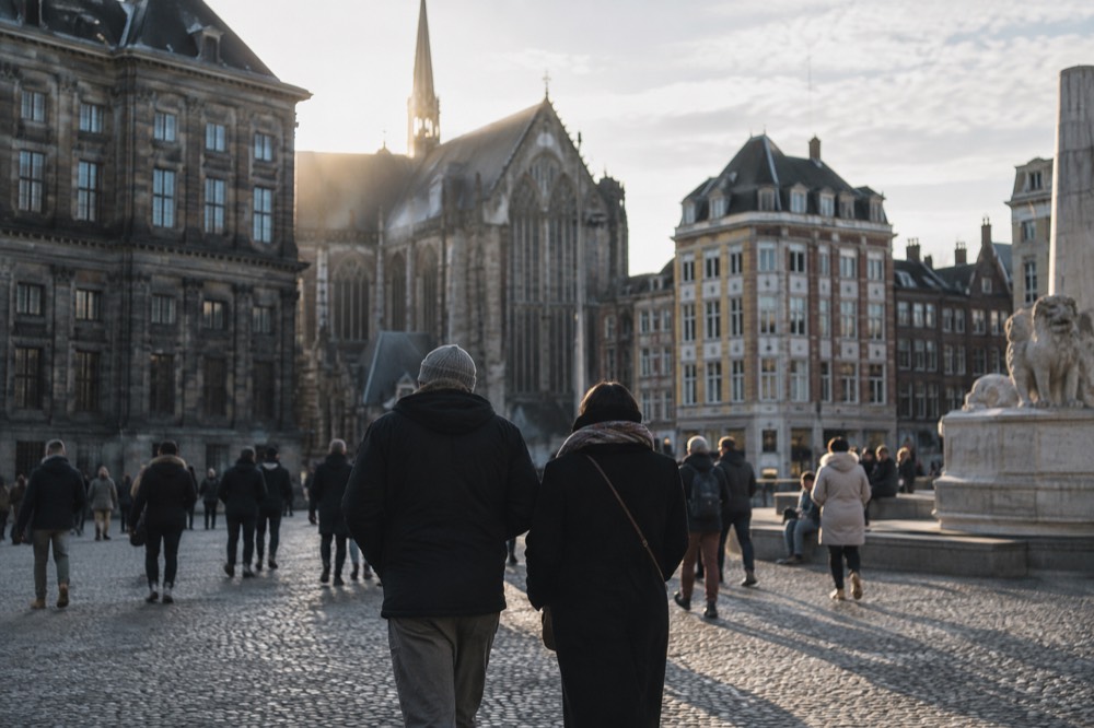 Low winter sun across the rooftops near Dam Square