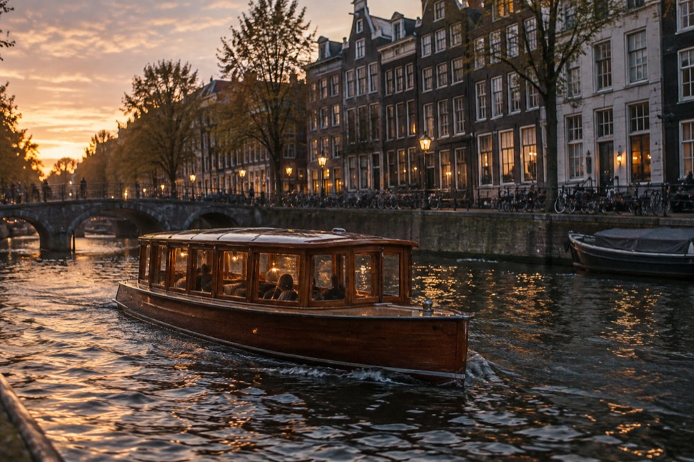 Classic wooden saloon boat cruising past lit canal houses on dark water in the evening