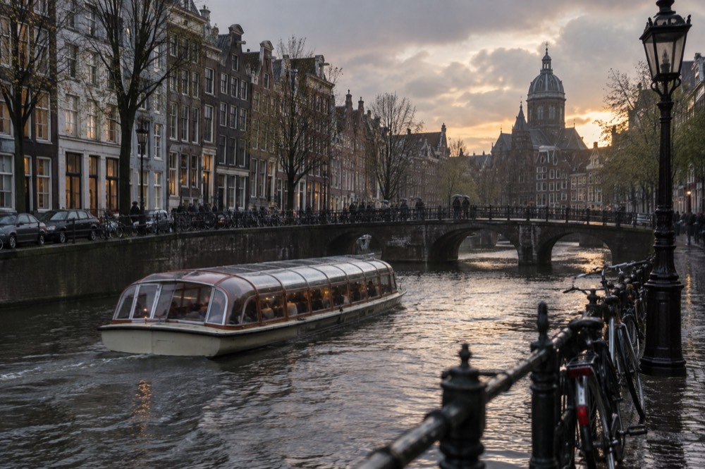 A covered canal cruise boat gliding through the Amsterdam canal ring in soft rain